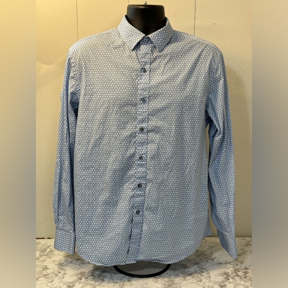 Bugatchi Men Shaped Fit Long Sleeve Button Down Blue Poka Dot Shirt Size Large